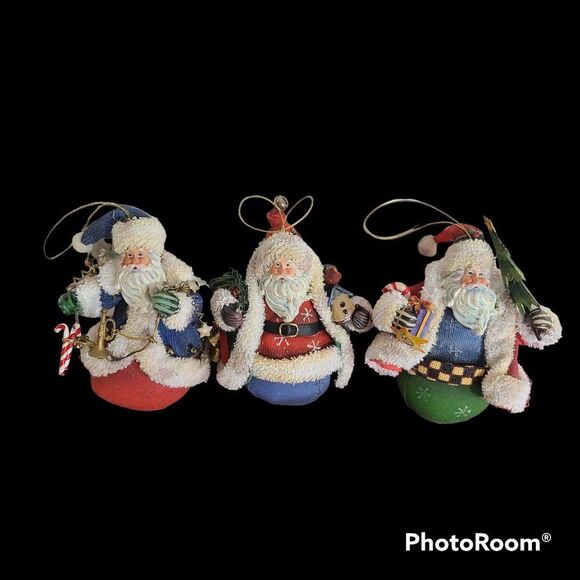 Vintage Fabric Mache Holiday Winter Christmas Ornaments Three Old World Santas - Picture 1 of 15
